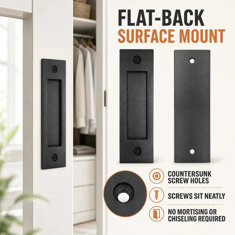 Deadly Smooth 6 Inch Sliding Barn Door Handle Tough Grip Design Matte Black Flush Pocket Door Pull mounted on a door.