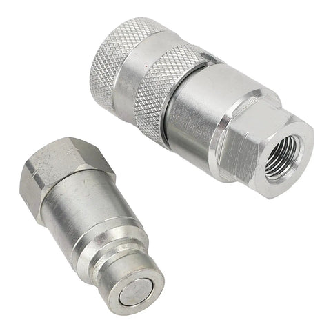 Grab This Beefy Pair Of 1/4 Inch NPT Flat Face Hydraulic Quick Couplers Made Tough Carbon Steel For High Pressure Worksite Rigging Rated 5076 PSI Boss Mode With Dust Caps To Lock And Seal Like A Pro On Any Job Site Grind., 1/4 NPT flat face hydraulic quick coupler pair, carbon steel, with dust caps