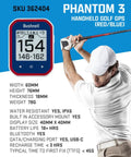 Slope Golf GPS Rangefinder With Touchscreen UI, golfer mid-swing, Phantom 3 GPS display, red and blue interface, specifications.