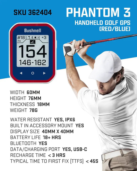 Slope Golf GPS Rangefinder With Touchscreen UI, golfer mid-swing, Phantom 3 GPS display, red and blue interface, specifications.