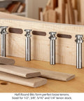 Premium Half Round Router Bit Set Delivering Heckuva Sharp Carbide Blades For Effortless Bullnose Shaping And Dead Reliable Loose Tenon Joinery Rock Solid One Half Inch Shank Carpenter Gear Made In Usa, showcasing four bits for various sizes on a wood surface.