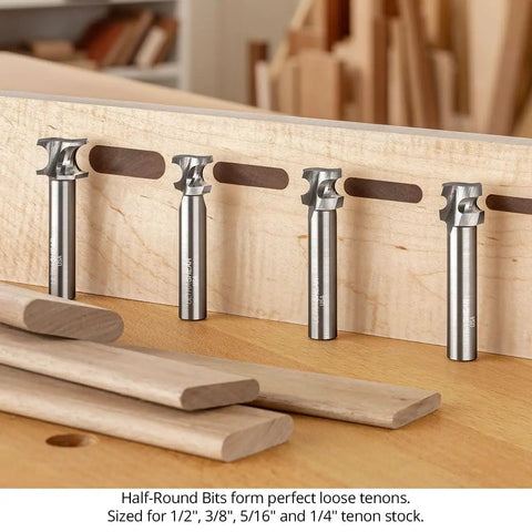 Premium Half Round Router Bit Set Delivering Heckuva Sharp Carbide Blades For Effortless Bullnose Shaping And Dead Reliable Loose Tenon Joinery Rock Solid One Half Inch Shank Carpenter Gear Made In Usa, showcasing four bits for various sizes on a wood surface.