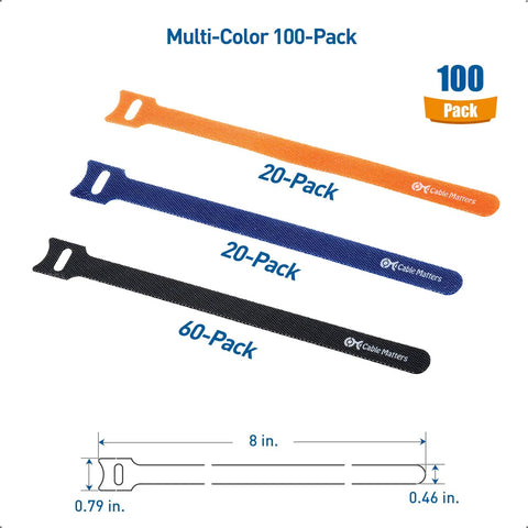 100 Pack 8 Inch Hook And Loop Reusable Cable Ties With 42 Lb Tensile Strength Multi Color Black Blue And Orange For Easy Cable Management Zero Hassle Setup For Desk Or Home Office And Tech Gear