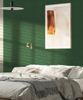 Bedroom interior with bed, green wall, and abstract painting using White Peel And Stick Wallpaper 15.7 By 118 Inches Self Adhesive Embossed Vinyl.