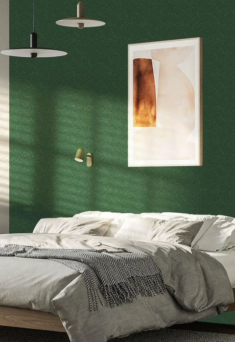 Bedroom interior with bed, green wall, and abstract painting using White Peel And Stick Wallpaper 15.7 By 118 Inches Self Adhesive Embossed Vinyl.
