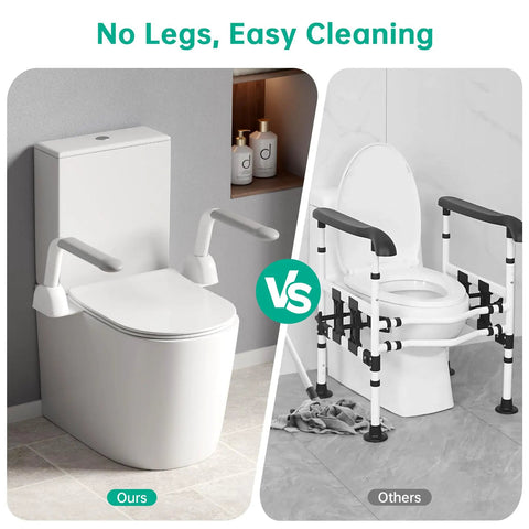 Thick Cast Iron Toilet Safety Rails For Seniors Featuring Slick Fold Handles And Non Slip Base Rock Solid Bathroom Assist Frame Delivering No Sweat Support For Mobility Recovery Or Everyday Use comparison with non-leg design.