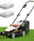 Cordless 13.4 Inch Electric Lawn Mower Walk Behind With Dual 4Ah Batteries on grass, no gas no fumes, 8 gallon grass bag