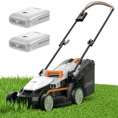 Cordless 13.4 Inch Electric Lawn Mower Walk Behind With Dual 4Ah Batteries on grass, no gas no fumes, 8 gallon grass bag