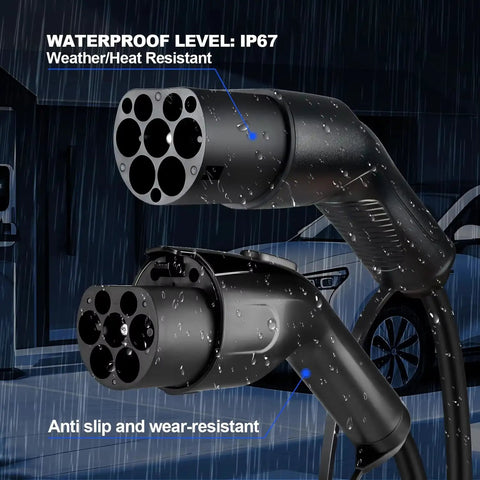 Rock Solid Type 2 To GBT EV Charging Cable with waterproof IP67 connectors, showing durable design in the rain.