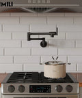 Slick Matte Black Pot Filler Faucet With A 24 Inch Swivel Arm and Smooth Dual Handles over stove with pot.