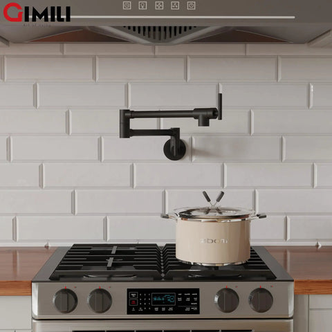 Slick Matte Black Pot Filler Faucet With A 24 Inch Swivel Arm and Smooth Dual Handles over stove with pot.