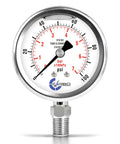 100 PSI Liquid Filled Pressure Gauge With 2.5 Inch Dial Lower Mount Quarter Inch NPT, 316 Stainless Steel Case, Front View