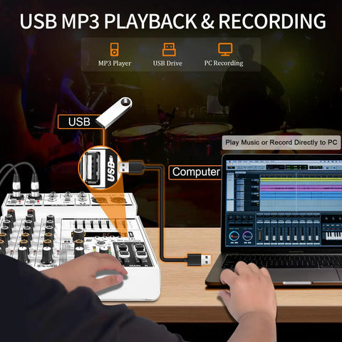 Person using 4-Channel Audio Mixer With Bluetooth And 99 DSP Effects, 7-Band EQ, 48V Phantom Power, USB for PC recording.