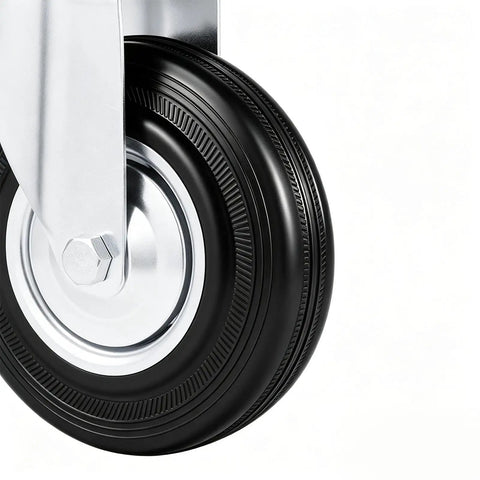 Close-up of a wheel from the 4 Piece Caster Wheels Set For Furniture And Work Benches With 360 Swivel And Foot Brake Locks.