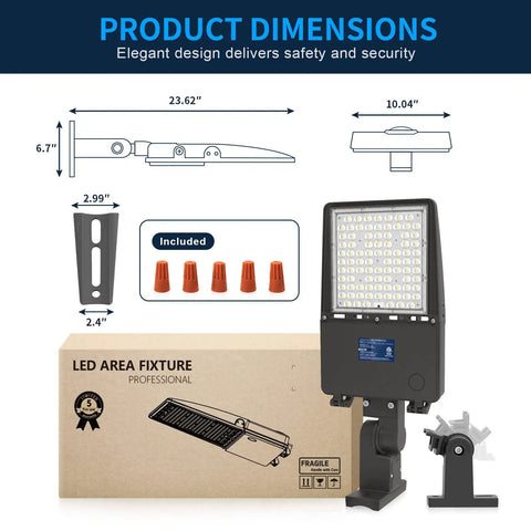 Dimensions and components of 300W LED Parking Lot Light With Adjustable Slip Fitter, 42000LM 140LM/W, 5000K Daylight White.