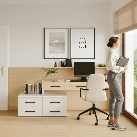 Home office with desk featuring matte black cabinet handles, modern decor, computer, and chair.