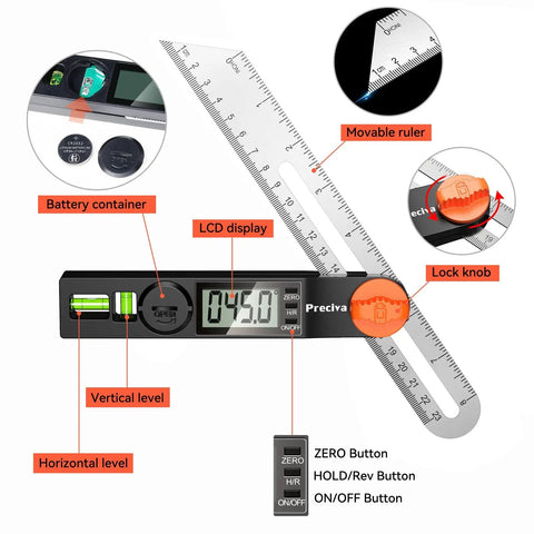 Dope Angle Finder Protractor With Digital Display 0-338 Degrees T-Bevel Gauge And Bubble Level showing LCD and features