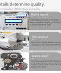 Details of 1100W Benchtop Mini Metal Lathe 8X24 Inch showing digital control, three jaw chuck, and gearless design.