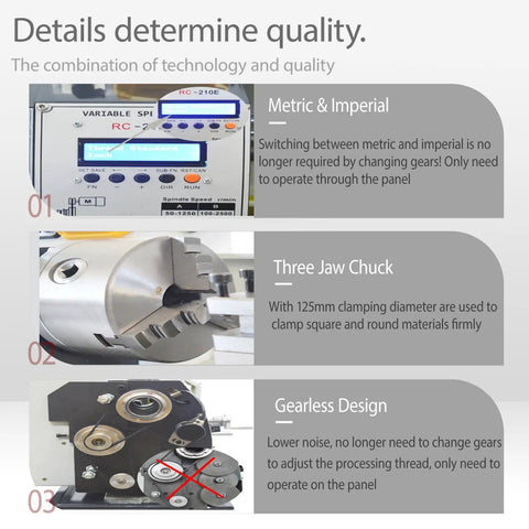 Details of 1100W Benchtop Mini Metal Lathe 8X24 Inch showing digital control, three jaw chuck, and gearless design.