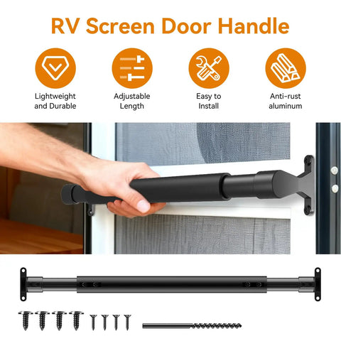 Aluminum RV Screen Door Handle, Adjustable 20 to 32 Inches, Built Tough Grab Bar and Crossbar for Camper Entry, Universal Fit for RV Motorhome Travel Trailer, Black installed on RV screen door