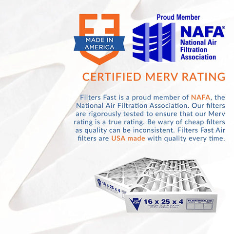 Promotional image of 16x25x4 pleated air filter with NAFA certification, emphasizing Made in America and certified MERV rating.