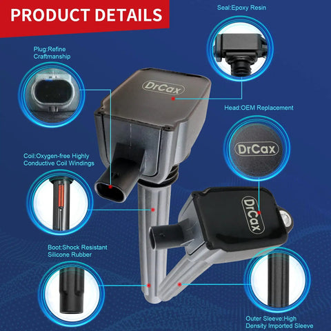 OEM Ignition Coil UF648 0221504032 C1791 product details with labels like seal epoxy resin, coil windings, and OE replacement.