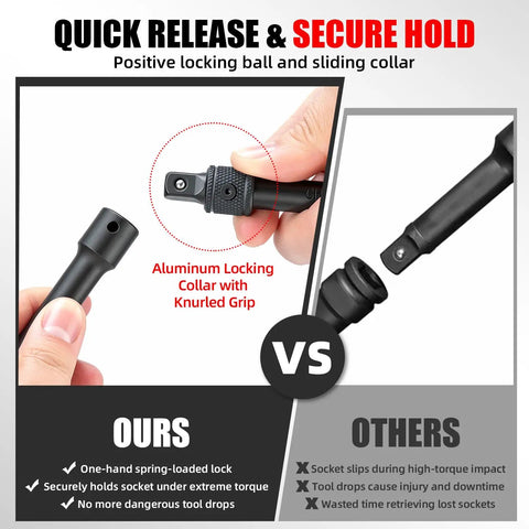 Quick release locking collar comparison in 20 Piece Locking Impact Socket Extension Set With Three Inch Six Inch Nine Inch Extension Bars