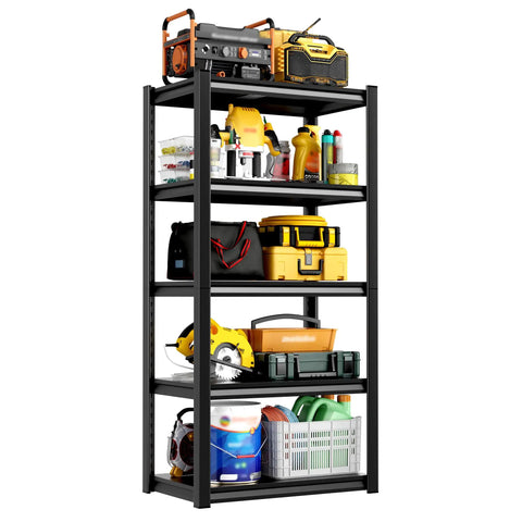 Heavy Duty Steel Storage Shelves 5 Tier Garage Shelving Unit 2 Pack 2000 Lbs Capacity displaying tools and bins for organization.