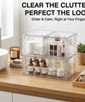 Three Pack Stackable Storage Drawers for Under Sink, Bathroom and Kitchen Organization shown on a wooden counter