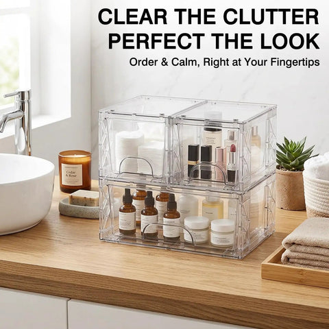 Three Pack Stackable Storage Drawers for Under Sink, Bathroom and Kitchen Organization shown on a wooden counter