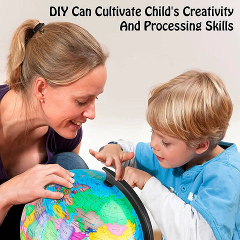 Child assembling a 10 Inch DIY World Globe For Kids Learning Hands On Assembly Educational Rotating Globe Large World Map with adult help