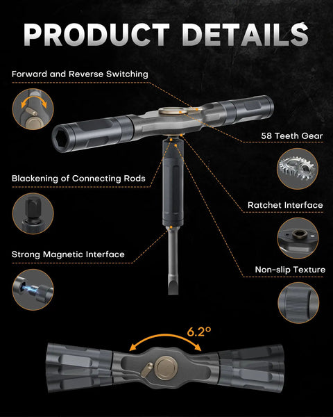 42 In 1 Magnetic Screwdriver Set With T Handle Ratchet S2 Steel Bits showing forward reverse switch and gear details