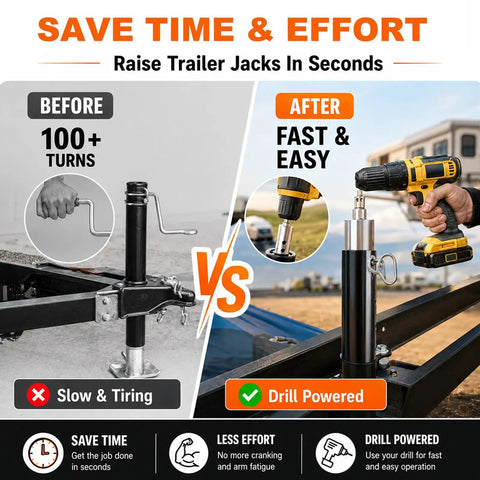 Comparison image showing Heavy Duty Trailer Jack Drill Adapter Compatible With One Inch Drive Shaft Electric Crank Converter for Rv and Camper.