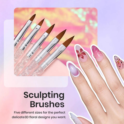 All In One Nail Art Kit With Case 31 Piece Set Including Dual Ended Dotting Tools Liner Brushes Striping Tools Sculpting Pens For Nails 3D Flower Crafting Palette Holder DIY Home Salon Manicure Design Set featuring sculpting brushes and decorated nails