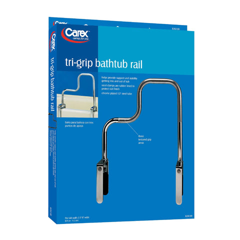 Tri-Grip Bathtub Handle Grab Bar With Chrome Finish For Seniors, shown in packaging with product image and details on box.