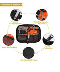 EDC Pouch With Ten Compartments Small Pocket Tool Organizer displaying open interior with tools and orange lining.