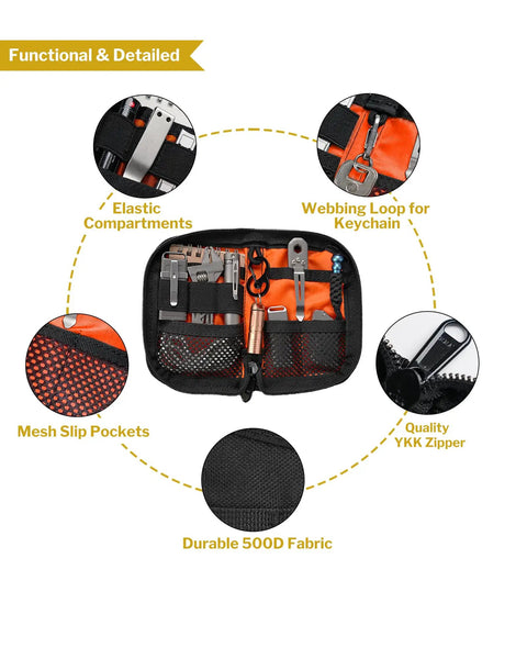 EDC Pouch With Ten Compartments Small Pocket Tool Organizer displaying open interior with tools and orange lining.