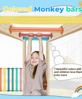 Child playing on a 16 Inch 7 Color Steel Monkey Bars Set For Backyards And Playgrounds, Indoor Outdoor Climbing Kit For Kids