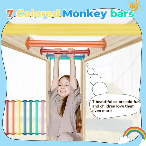Child playing on a 16 Inch 7 Color Steel Monkey Bars Set For Backyards And Playgrounds, Indoor Outdoor Climbing Kit For Kids