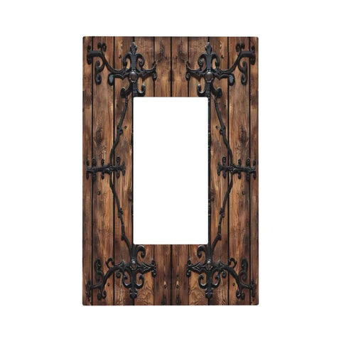 Decorative Outlet Covers 1 Gang Rocker Wall Plate With Vintage Brown Wood Barn Door Look And Antique Bronze Hardware