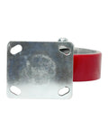 Six Inch Kingpinless Polyurethane Swivel Caster With Reinforced Steel Core 1500 Pound Heavy Duty Rating showing red wheel and metal plate.