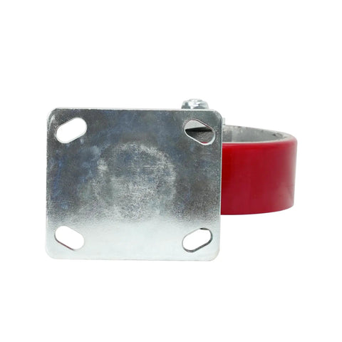 Six Inch Kingpinless Polyurethane Swivel Caster With Reinforced Steel Core 1500 Pound Heavy Duty Rating showing red wheel and metal plate.