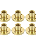 Top Shelf TR8x2 Lead Screw Brass Nuts, Bulletproof Trapezoidal Linear Guide Blocks With Silky Smooth Glide, Acme Thread Direct Swap For Weekend Tinkerers And DIY 3D Printers, No Fuss 6 Piece Hardware Bundle - six brass nut blocks in flat design.