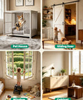 Image showing a pet house with a corgi, sliding door, window, and cabinet in a bright room setting.