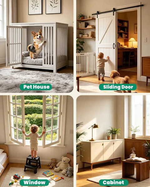 Image showing a pet house with a corgi, sliding door, window, and cabinet in a bright room setting.