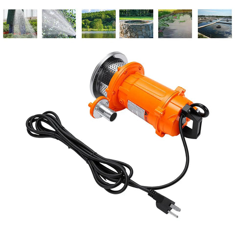 1 2HP Submersible Sump Pump 6000GPH Portable Utility Water Pump With 32 Ft High Head connected with power cord for drainage tasks.
