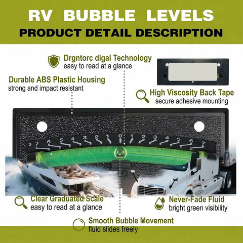Badass Rv Level Bubbles 4 Pack With Crisp Graduated Scale And UV Resistant Green Liquid Fade Free High Viz Level Indicator For Camper Trailer Pickup Truck, showing durable ABS housing.