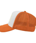 Side view of orange and white mesh baseball cap, mesh back panel, orange visor, and white front. Casual dad style, EST 2026.
