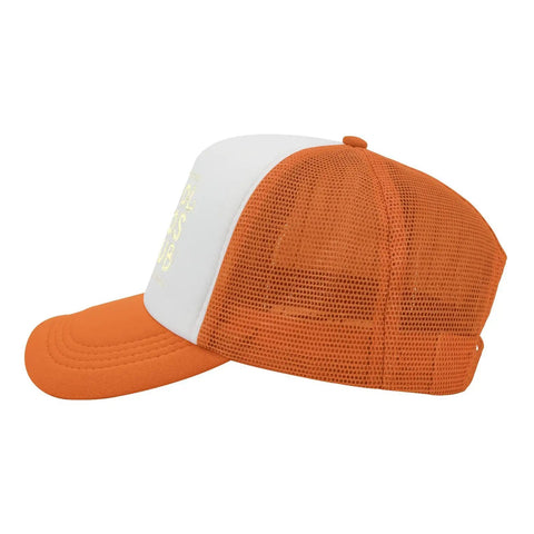 Side view of orange and white mesh baseball cap, mesh back panel, orange visor, and white front. Casual dad style, EST 2026.