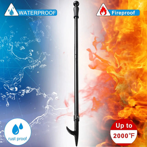46 Inch Extra Long Fire Pit Poker With Extended Reach For Fireplace Campfire And Wood Stove Use Heavy Duty Wrought Steel Tool Built To Last Rust Resistant Black Finish against fire and water backdrop